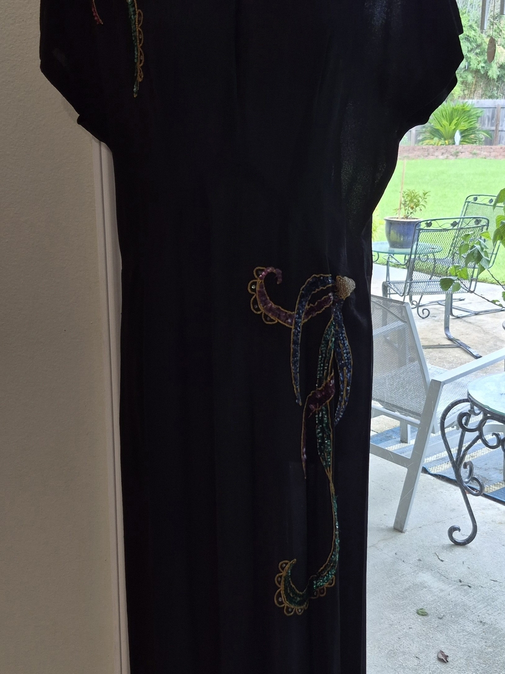 1940s Barbara Claire Black Embroidered Maxi Dress with Multicolor Accent, Sz 6-8